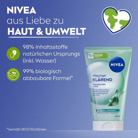 NIVEA Waschgel Klarend Ozeanalgen + Zink, 150 ml, Нивеа Гель для умывания очищающий, океанические водоросли и цинк, для жирной кожи, 150 мл