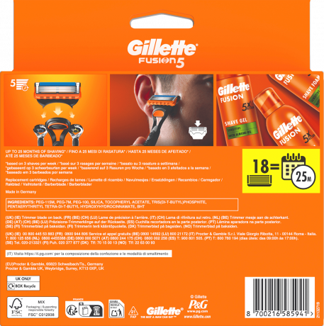 GILLETTE Rasierklingen, Fusion5, 18 St, Джилетт Сменные кассеты Fusion5 для мужской бритвы, 18 шт.