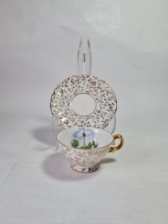 Кофейная пара Orenz Bavaria, белый фарфор с позолоченным цветочным узором и символом г. Штутгарт, 9 x 4,5 см / 11 см, Германия, 1960-70гг.