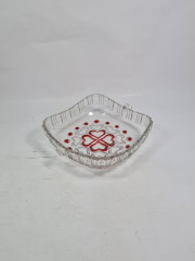 Блюдо сервировочное винтажное Anna Hutte с красным декором, квадратная форма, хрусталь, 19 х 16.5 см, Германия, 1960-70гг.