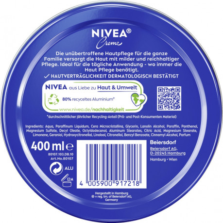 NIVEA Creme, 400 ml, Нивеа Классический крем в банке, пантенол и ланолин, глубокое питание, для всей семьи, 400 мл