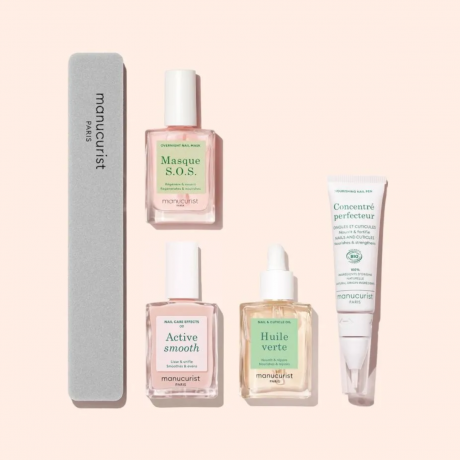 Manucurist Ridged Nails Set, набор для ногтей Франция, 4 х 15 мл + пилочка-буфер, выравнивание и укрепление ногтей, против неровностей и ломкости