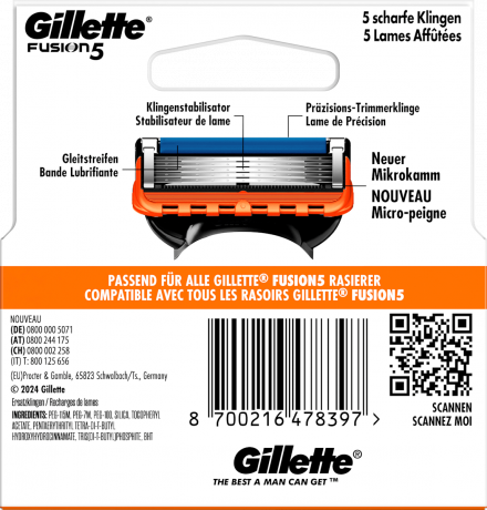 GILLETTE Rasierklingen, Fusion5, 4 St, Джилетт Сменные кассеты Fusion5 для мужской бритвы, 4 шт.
