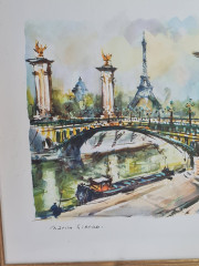 Картина винтажная &quot;Мост Александра III и Эйфелева башня&quot;, худ.Marivo Girard, 32.5 х 26.5 см, Германия, 1970-80гг.