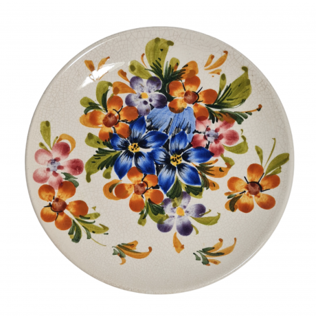 Тарелка декоративная винтажная "Оранжевые и синие цветы", ручная работа, в стиле майолики, керамика, 16.5 см, Германия, 1970-80гг.