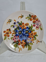 Тарелка декоративная винтажная &quot;Оранжевые и синие цветы&quot;, ручная работа, в стиле майолики, керамика, 16.5 см, Германия, 1970-80гг.