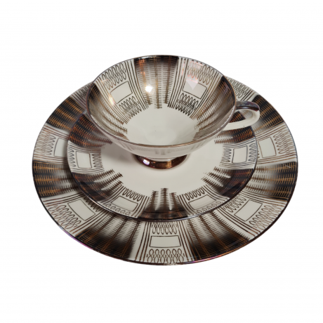 Чайное трио винтажное Bareuther Waldsassen Bavaria в бежево-серых тонах с золотистым орнаментом, фарфор, Германия, 1970-80гг.