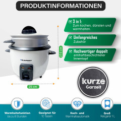 Blaupunkt Blaupunkt Reiskocher MEN694 Reiskocher Gross Reisgarer 2,8 L, 3in1 Multikocher elektrisch, 1000,00 W, Dampfgarer, Cooker, Steamer, Dampfer, Risottokocher, Gemusegarer  Рисоварка Blaupunkt MEN694 рисоварка большая 2,8 л, мультиварка 3-в-1 электри
