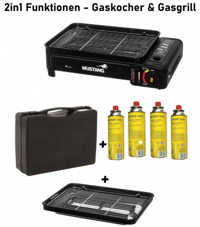 JUNG JUNG Gaskocher MUSTANG mobiler Campingkocher Gaskocher Gasgrill inkl 4 Gaskartuschen, (2 in 1 Gaskocher, Extra gross, praktischer Transportkoffer), mit Piezo-Zundung, Extra gross 43x28x11,2cm, mit Grillrost Газовая плита JUNG MUSTANG, мобильная похо