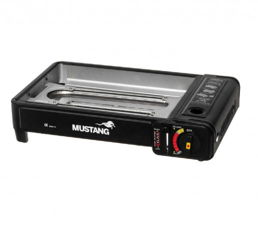 JUNG JUNG Gaskocher MUSTANG mobiler Campingkocher Gaskocher Gasgrill inkl 4 Gaskartuschen, (2 in 1 Gaskocher, Extra gross, praktischer Transportkoffer), mit Piezo-Zundung, Extra gross 43x28x11,2cm, mit Grillrost Газовая плита JUNG MUSTANG, мобильная похо