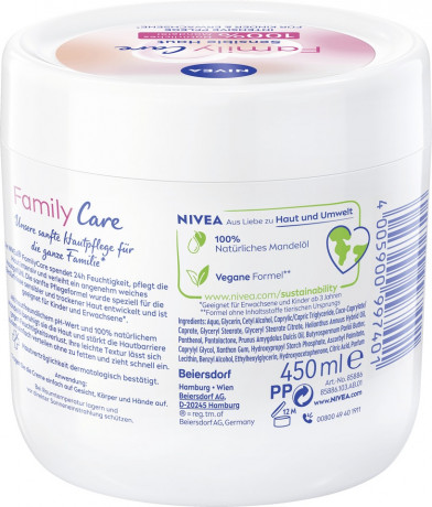 NIVEA Family Care Creme, 450 ml, Нивеа Семейный увлажняющий крем, подсолнечное масло, веганская формула, 450 мл