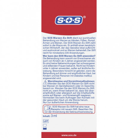 SOS Warzen-Ex-Stift, 3 ml, SOS Стик от бородавок, точечное нанесение, курс до 6 недель, 3 мл