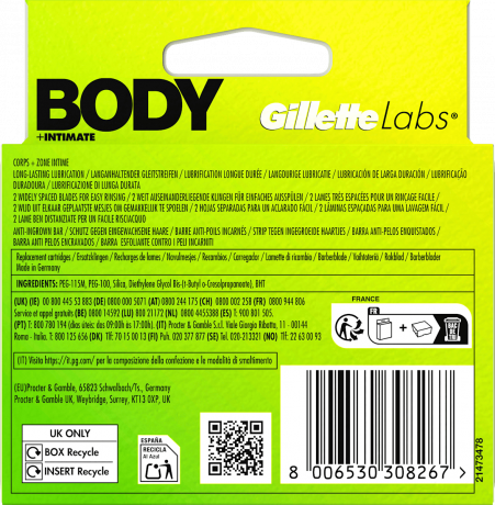 GILLETTE Rasierklingen, Labs Body & Intimate, 6 St, Джилетт Сменные кассеты Labs Body & Intimate для тела и интимных зон, 6 шт.