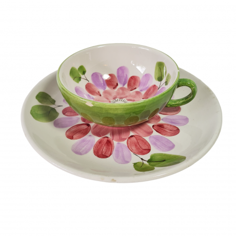 Чайный сервиз винтажный с ярким цветочным декором: чайник, сахарница, молочник, чайная пара, керамика, Италия, 1960-1970гг.