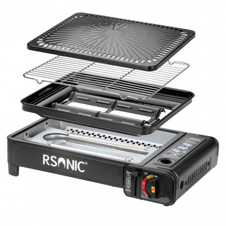 Mianova Mianova Gaskocher Campingkocher Tischgrill Gas Grillplatte im Koffer, 4 Spiesse + Rost Platte Outdoor BBQ Barbecue Tisch Grill Camping Herd Kocher Notfall Campingherd Notfallkocher Газовая плита Mianova, походная плита, настольный гриль, газовая