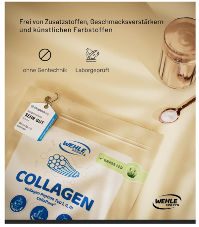 Wehle Sports Collagen pulver 500g, Коллаген гидролизованный порошок, тип I II III, поддержка суставов, кожи и мышц каждый день, без вкуса, Германия, 500г