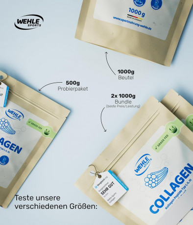 Wehle Sports Collagen pulver 500g, Коллаген гидролизованный порошок, тип I II III, поддержка суставов, кожи и мышц каждый день, без вкуса, Германия, 500г