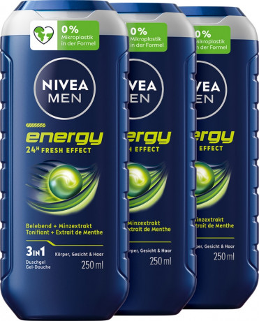 NIVEA MEN 3in1 Duschgel Energy, 750 ml (3x250 ml), Нивеа Мужской гель для душа и волос, натуральная мята, 24ч свежесть, набор, 750 мл