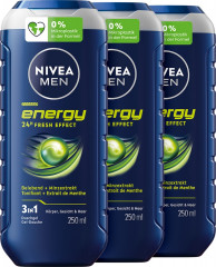 NIVEA MEN 3in1 Duschgel Energy, 750 ml (3x250 ml), Нивеа Мужской гель для душа и волос, натуральная мята, 24ч свежесть, набор, 750 мл