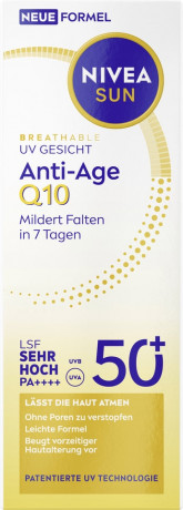 NIVEA SUN Breathable UV Gesicht Anti-Age Q10 LSF 50+, 40 ml, Нивеа Солнцезащитный крем для лица anti-age, SPF 50+, Q10, воздухопроницаемый, 40 мл