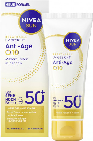 NIVEA SUN Breathable UV Gesicht Anti-Age Q10 LSF 50+, 40 ml, Нивеа Солнцезащитный крем для лица anti-age, SPF 50+, Q10, воздухопроницаемый, 40 мл