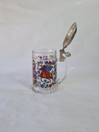 Немецкая пивная кружка винтажная BMF с крышкой, стекло / олово, 0.5 л, 18 см, Германия, 1960-70гг.