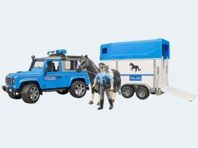 Bruder Land Rover Defender Polizei mit Pferdeanhanger und Pferd und Polizist Land Rover Defender Police с прицепом для лошадей
