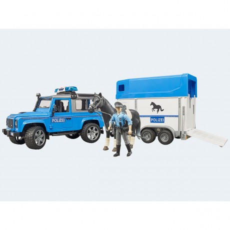 Bruder Land Rover Defender Polizei mit Pferdeanhanger und Pferd und Polizist Land Rover Defender Police с прицепом для лошадей
