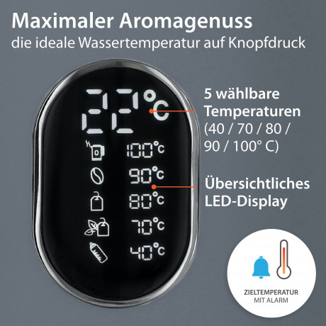 ADE ADE Wasserkocher Energiesparender Wasserkocher mit Temperatureinstellung  LED-Display, 1.5 l, 1800 W, 5 wahlbare Temperaturstufen (40-100°C), Warmhalte-Funktion, 1800 W grau Чайник ADE Энергосберегающий чайник с регулировкой температуры, светодиодный 