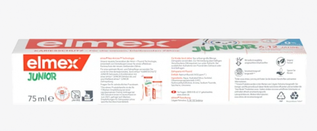 elmex Zahnpasta Kinder Junior 6-12 Jahren 75 ml x 4stk, Детская зубная паста для детей 6-12 лет с комплексом Neo-Aminex для защиты от кариеса, 75 мл x 4 шт 