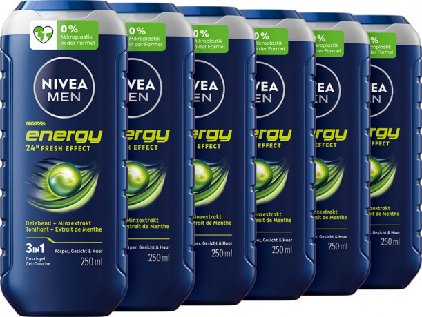 NIVEA MEN 3in1 Duschgel Energy, 1500 ml (6x250 ml), Нивеа Мужской гель для душа и волос, натуральная мята, 24ч свежесть, набор, 1500 мл