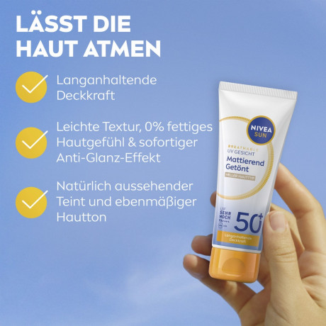 NIVEA SUN Breathable UV Gesicht Mattierend Getont Heller Hauttyp LSF 50+, 40 ml, Нивеа Солнцезащитный крем для лица тонирующий матирующий, SPF 50+, для светлой кожи, 40 мл