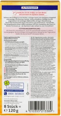 Dein Bestes Schnurr, Snack für Katzen, 4 x mit Hühnchen & Zusatz von Q10, 4 x mit Pute & Zusatz von Zink und Traubenkernextrakt, 120 g, Снэк для кошек, 4 порции с курицей и добавлением Q10 + 4 порции с индейкой и добавлением цинка и экстракта виноградных 