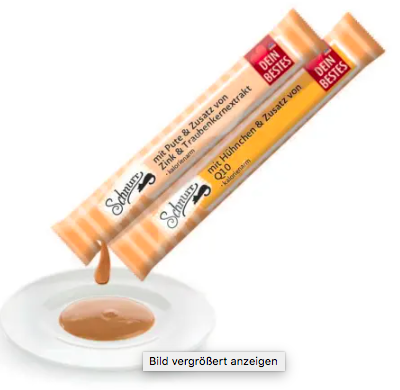 Dein Bestes Schnurr, Snack für Katzen, 4 x mit Hühnchen & Zusatz von Q10, 4 x mit Pute & Zusatz von Zink und Traubenkernextrakt, 120 g, Снэк для кошек, 4 порции с курицей и добавлением Q10 + 4 порции с индейкой и добавлением цинка и экстракта виноградных 