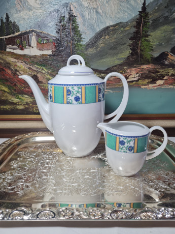 Набор для чая винтажный Winterling Bavaria с бирюзово-синим декором, чайник, молочник, фарфор, Германия, 1960-70гг.