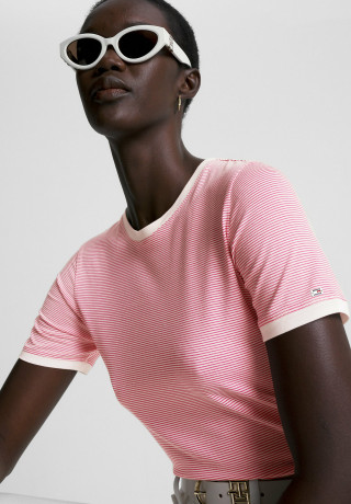 Tommy Hilfiger STRIPE Print T-shirt bright cerise pink ecru breton stp ПОЛОСКА Футболка с принтом ярко-вишнево-розовый светло-бежевый бретонский stp