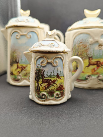 Набор винтажный из молочников и сахарниц "Охота", 5 молочников, 3 сахарницы, керамика, Франция, 1960-70гг.