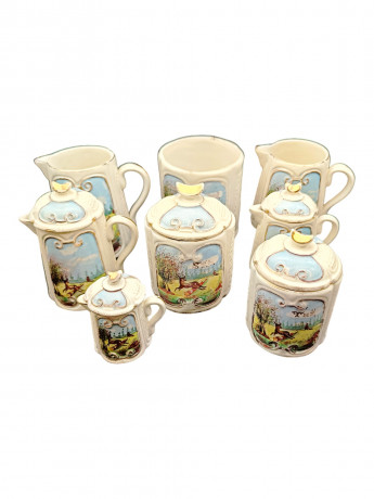 Набор винтажный из молочников и сахарниц "Охота", 5 молочников, 3 сахарницы, керамика, Франция, 1960-70гг.