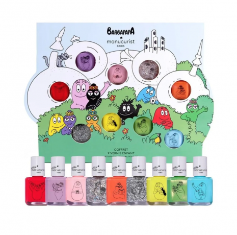 Barbapapa Family Children's Nail Polish Set, 9 Non-Toxic Water-Based Varnishes, Набор детских лаков для ногтей Manucurist Barbapapa 9 шт, на водной основе, смываются водой, безопасные, разноцветные, для детей от 3 лет