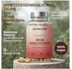 Aavalabs Iron High Dose + vitamin C, 120st, Железо бисглицинат с витамином C (Финляндия), 120шт, мягкое для желудка