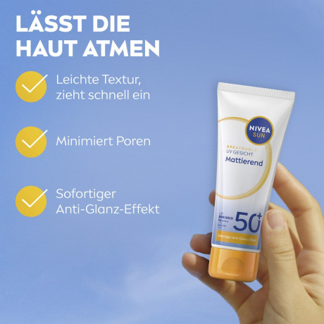 NIVEA SUN Breathable UV Gesicht Mattierend LSF 50+, 40 ml, Нивеа Солнцезащитный крем для лица матирующий, SPF 50+, воздухопроницаемый, 40 мл