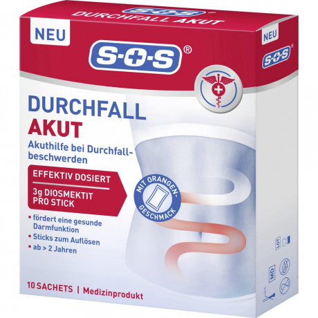 SOS Durchfall AKUT, 10 Stuck, SOS Средство от диареи, с диосмектитом, стики для разведения, апельсиновый вкус, от 2 лет, 10 шт.