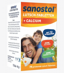 Sanostol Lutschtabletten ohne zucker 75stk, Пастилки с витаминами и кальцием для ежедневного приема, без сахара, для детей от 4-х лет, 75 шт