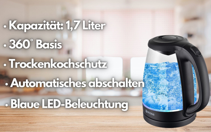 ecosa ecosa Wasserkocher EO-680, 1,7 l, 2200 W, Glaswasserkocher, Blaue LED-Beleuchtung, BPA-frei Чайник ecosa EO-680, 1,7 л, 2200 Вт, стеклянный чайник, синяя светодиодная подсветка, не содержит BPA