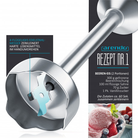 Arendo Arendo Stabmixer, 1000 W, Edelstahl Purierstab, Handmixer, stufenlose Regelung, silber/schwarz  Ручной блендер Arendo, 1000 Вт, очищающий стержень из нержавеющей стали, ручной миксер, бесступенчатое управление, серебристый/черный