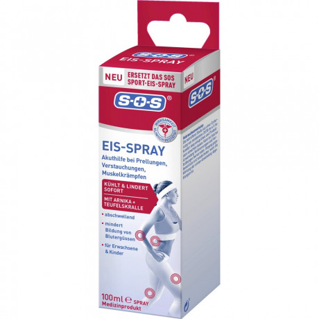 SOS Eis-Spray, 100 ml, SOS Охлаждающий спрей, мгновенное охлаждение при ушибах и растяжениях, с арникой и ментолом, 100 мл