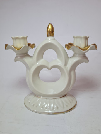 Gerold Porzellan Bavaria Белый фарфоровый подсвечник с обильной позолотой, на две свечи, 15 x 16 см, Германия, 1960-70гг.