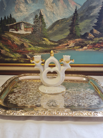 Gerold Porzellan Bavaria Белый фарфоровый подсвечник с обильной позолотой, на две свечи, 15 x 16 см, Германия, 1960-70гг.