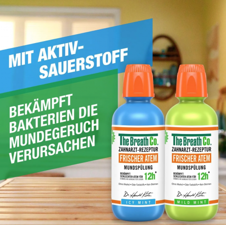 The Breath Co Frischer Atem Mundspulung Icy Mint 500ml, Ополаскиватель для рта от неприятного запаха, без спирта, антибактериальный, мятный, 12 часов свежести, 500 мл