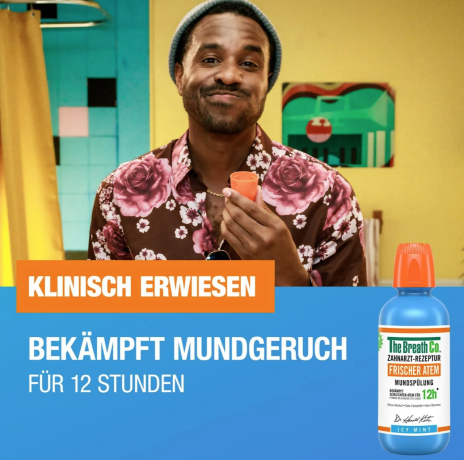 The Breath Co Frischer Atem Mundspulung Icy Mint 500ml, Ополаскиватель для рта от неприятного запаха, без спирта, антибактериальный, мятный, 12 часов свежести, 500 мл
